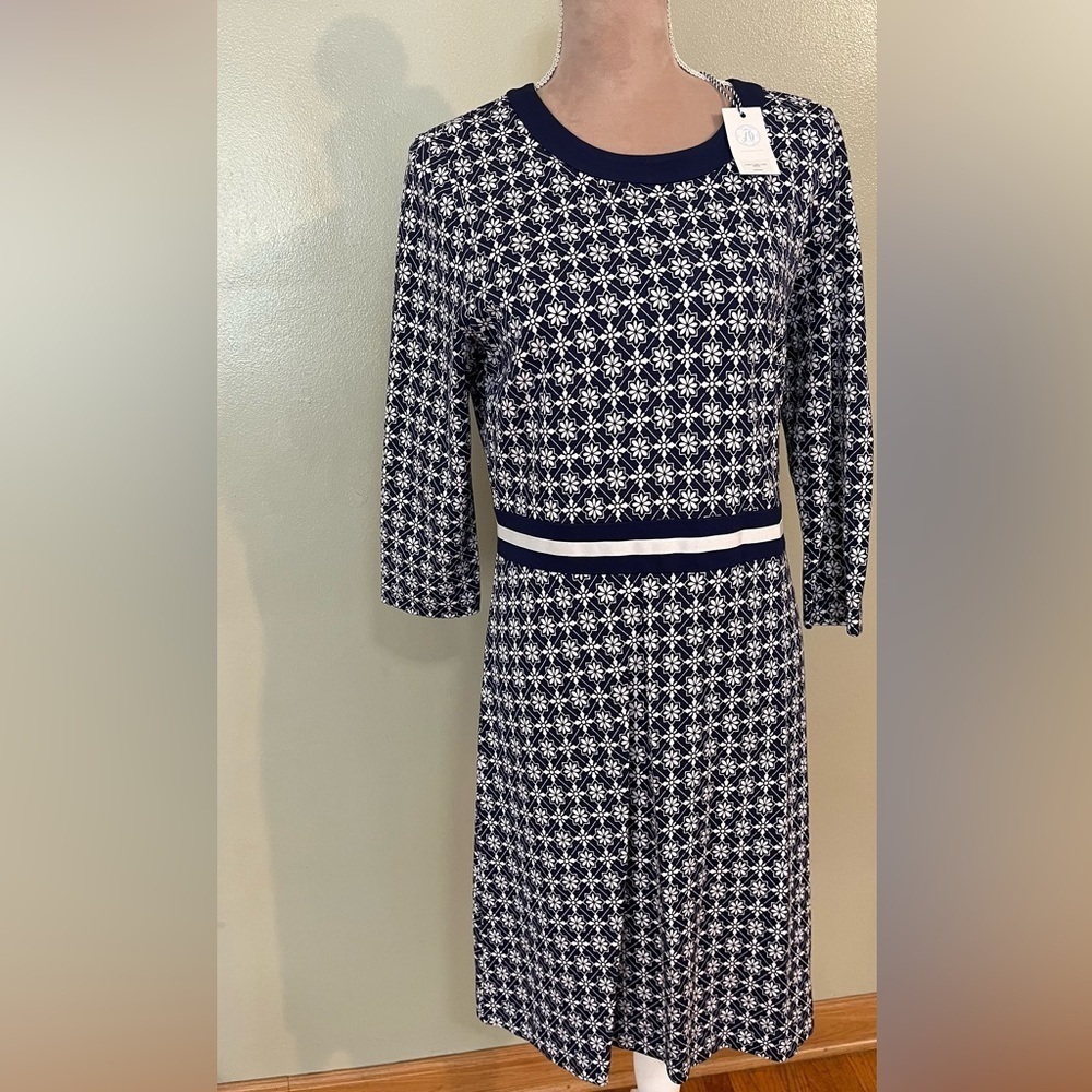 Draper James Honeycomb Blue White 3/4 Sleeves Stretch Soft Dress Size L NWT